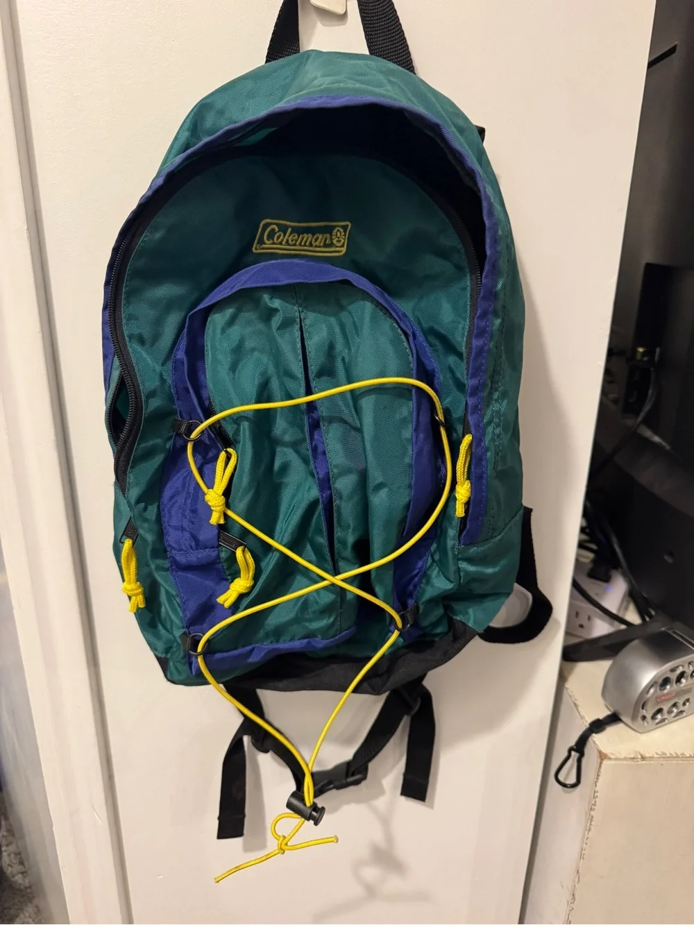 Vintage Coleman Green & Blue Backpack with Yellow Accents